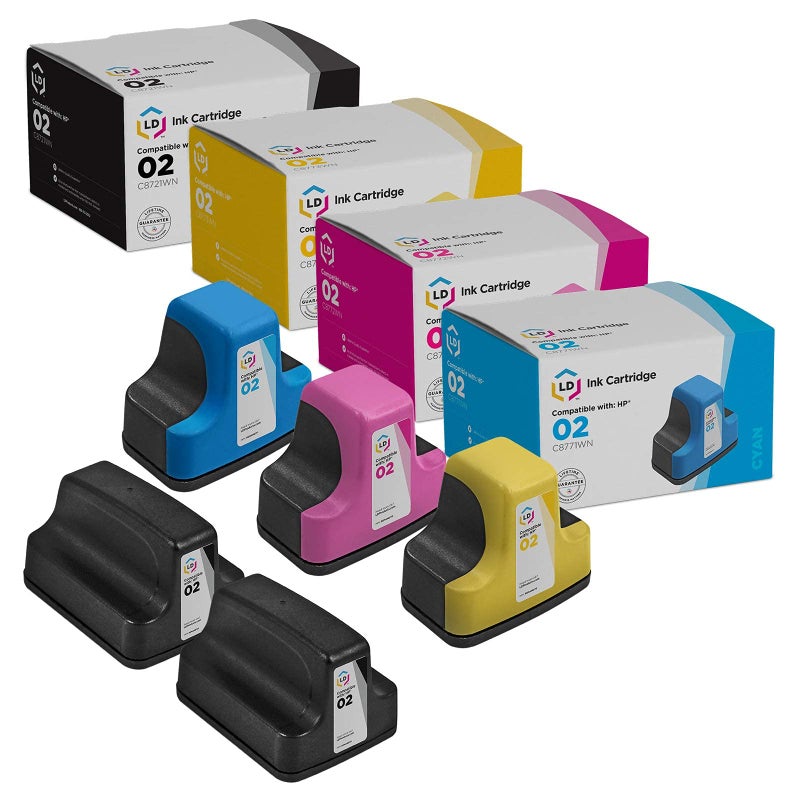 LD Products Remanufactured Replacements for HP 02 Ink Cartridges with Smart chip (2 Black, 1 Cyan, 1 Magenta, 1 Yellow, 5-Pack) for PhotoSmart C5180 C6180 C6280 C7250 C7280 C8180 D7145 D7155 D7160 - Image 1